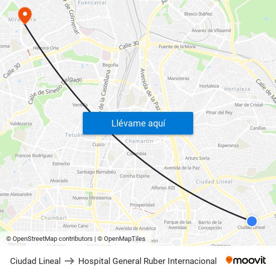 Ciudad Lineal to Hospital General Ruber Internacional map