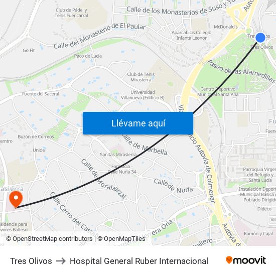 Tres Olivos to Hospital General Ruber Internacional map