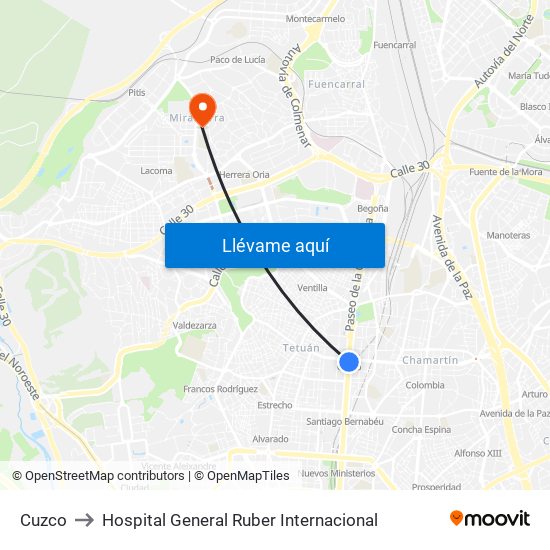 Cuzco to Hospital General Ruber Internacional map