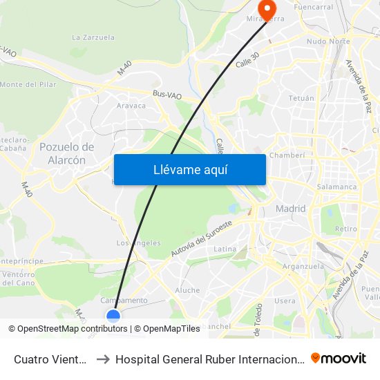 Cuatro Vientos to Hospital General Ruber Internacional map