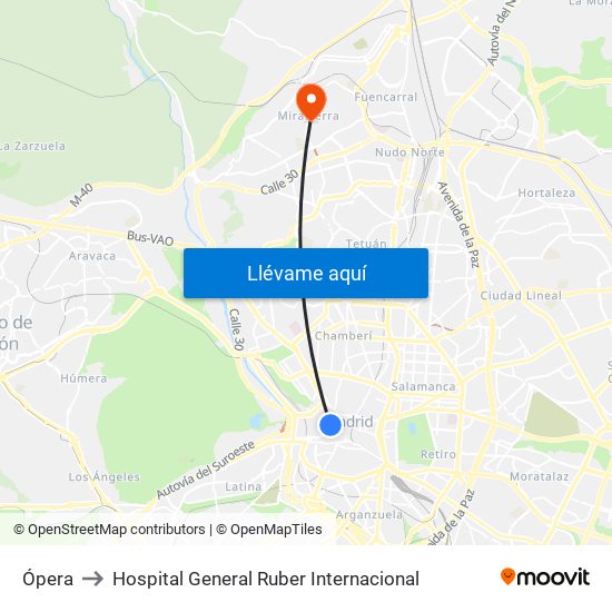Ópera to Hospital General Ruber Internacional map