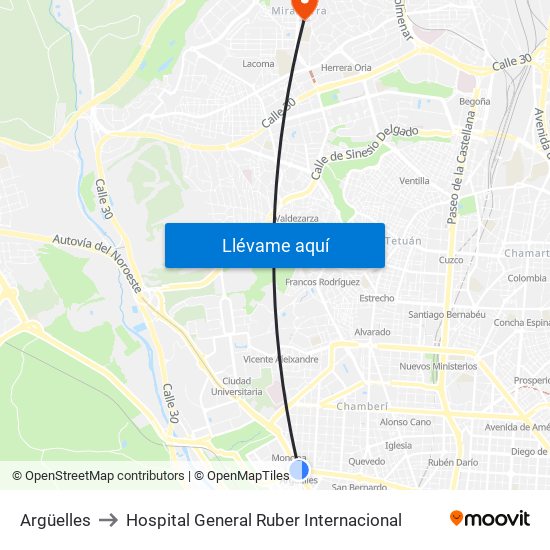 Argüelles to Hospital General Ruber Internacional map