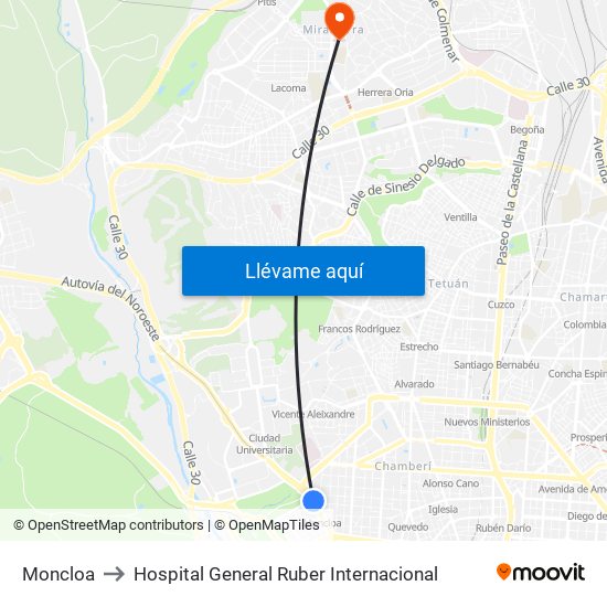 Moncloa to Hospital General Ruber Internacional map