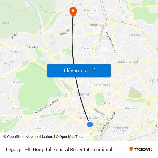 Legazpi to Hospital General Ruber Internacional map