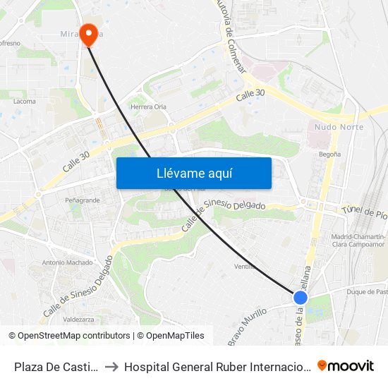 Plaza De Castilla to Hospital General Ruber Internacional map