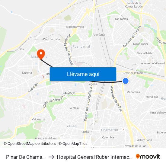 Pinar De Chamartín to Hospital General Ruber Internacional map