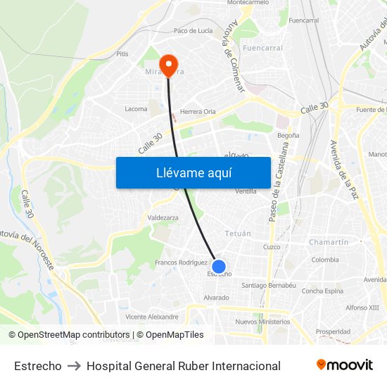 Estrecho to Hospital General Ruber Internacional map