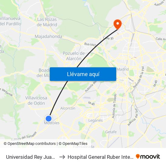 Universidad Rey Juan Carlos to Hospital General Ruber Internacional map