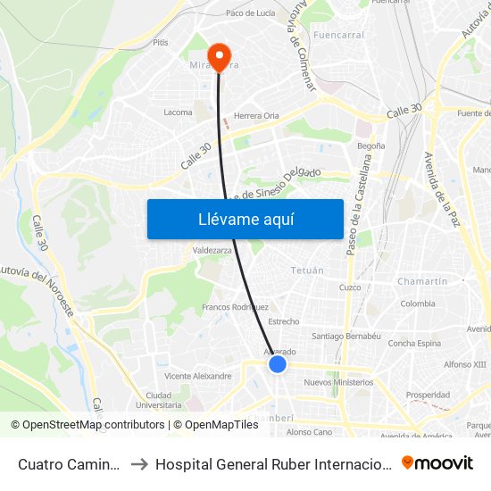 Cuatro Caminos to Hospital General Ruber Internacional map