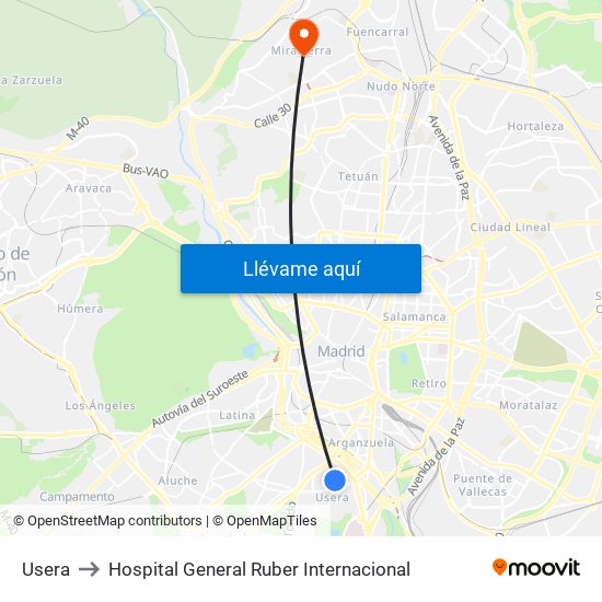 Usera to Hospital General Ruber Internacional map