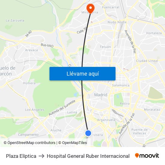 Plaza Elíptica to Hospital General Ruber Internacional map