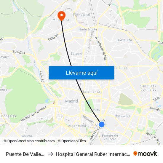 Puente De Vallecas to Hospital General Ruber Internacional map