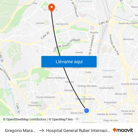 Gregorio Marañón to Hospital General Ruber Internacional map