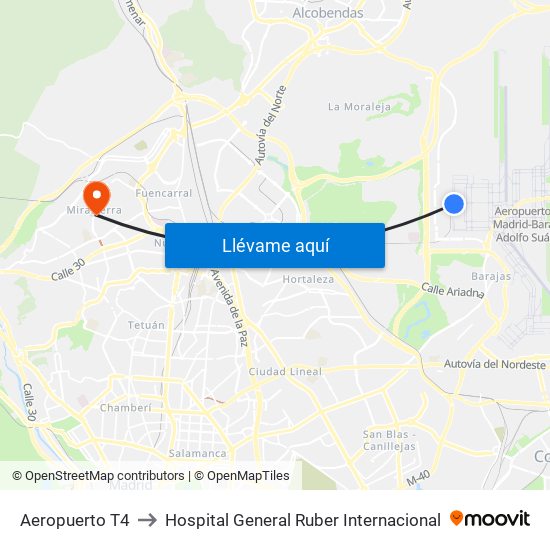 Aeropuerto T4 to Hospital General Ruber Internacional map