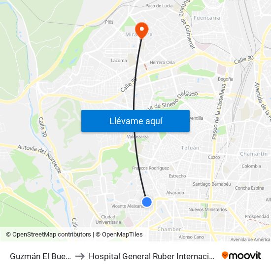 Guzmán El Bueno to Hospital General Ruber Internacional map