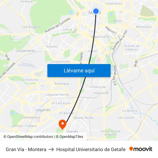 Gran Vía - Montera to Hospital Universitario de Getafe map