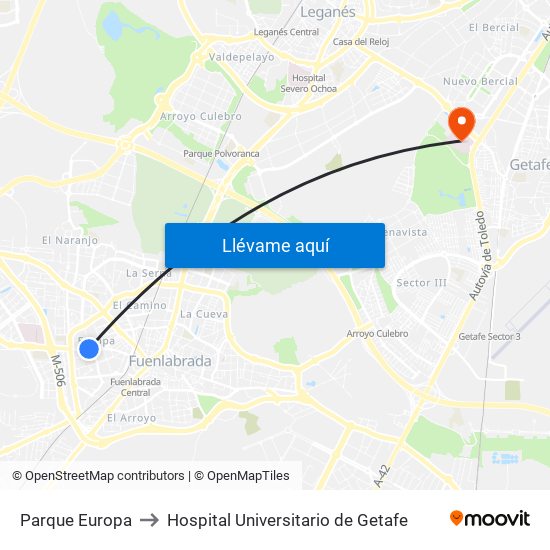 Parque Europa to Hospital Universitario de Getafe map