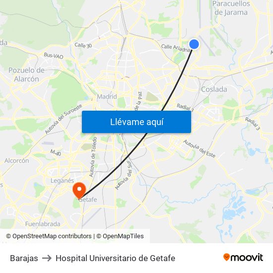 Barajas to Hospital Universitario de Getafe map