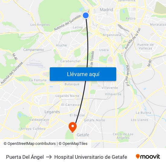 Puerta Del Ángel to Hospital Universitario de Getafe map