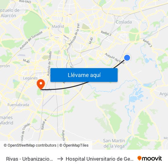 Rivas - Urbanizaciones to Hospital Universitario de Getafe map