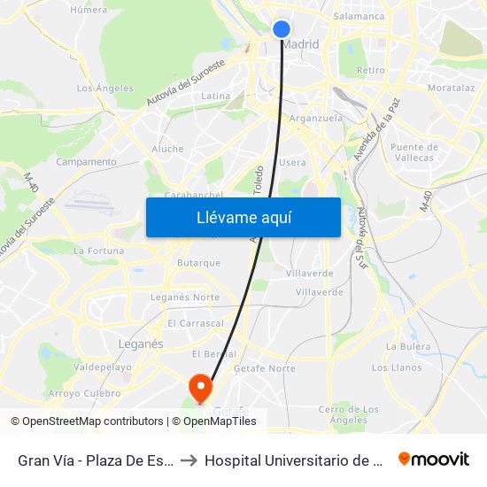 Gran Vía - Plaza De España to Hospital Universitario de Getafe map