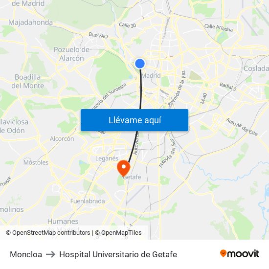 Moncloa to Hospital Universitario de Getafe map