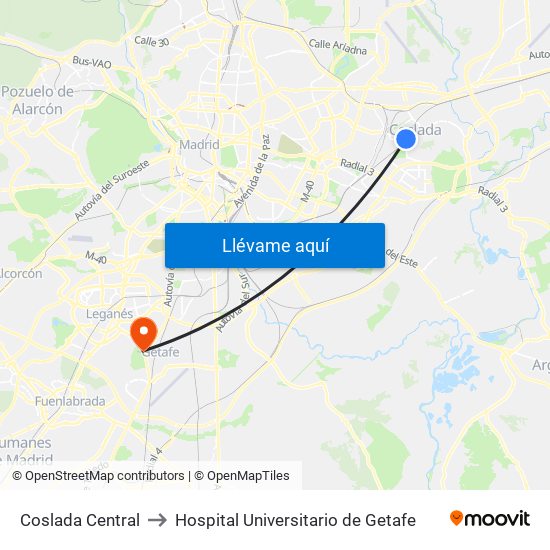 Coslada Central to Hospital Universitario de Getafe map