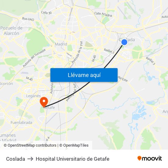 Coslada to Hospital Universitario de Getafe map