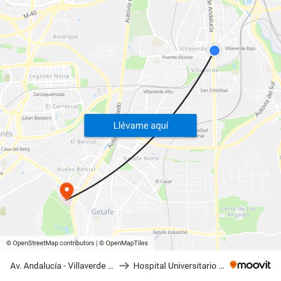 Av. Andalucía - Villaverde Bajo Cruce to Hospital Universitario de Getafe map