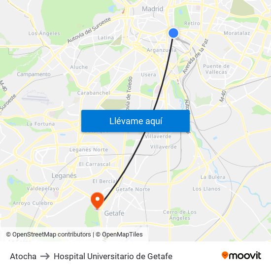 Atocha to Hospital Universitario de Getafe map