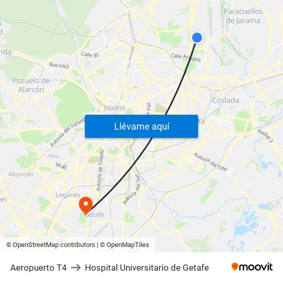 Aeropuerto T4 to Hospital Universitario de Getafe map