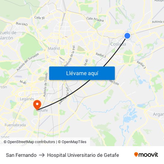 San Fernando to Hospital Universitario de Getafe map