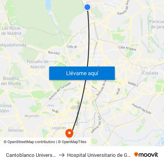 Cantoblanco Universidad to Hospital Universitario de Getafe map