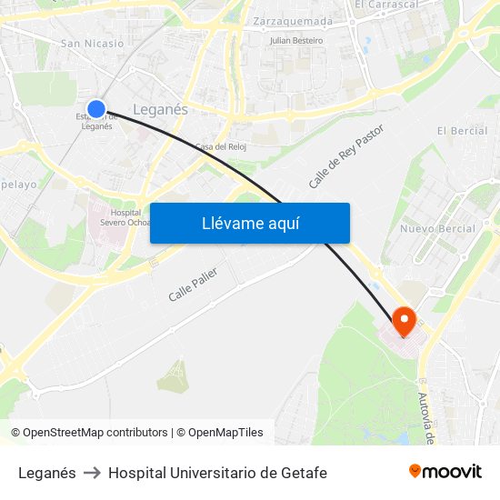 Leganés to Hospital Universitario de Getafe map