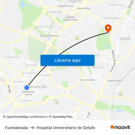 Fuenlabrada to Hospital Universitario de Getafe map