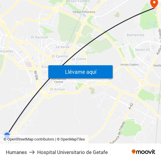 Humanes to Hospital Universitario de Getafe map