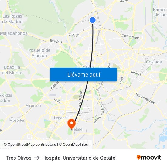Tres Olivos to Hospital Universitario de Getafe map