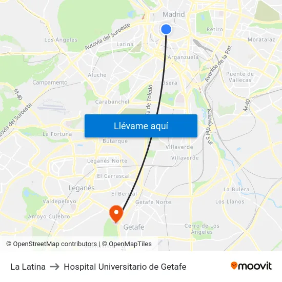 La Latina to Hospital Universitario de Getafe map