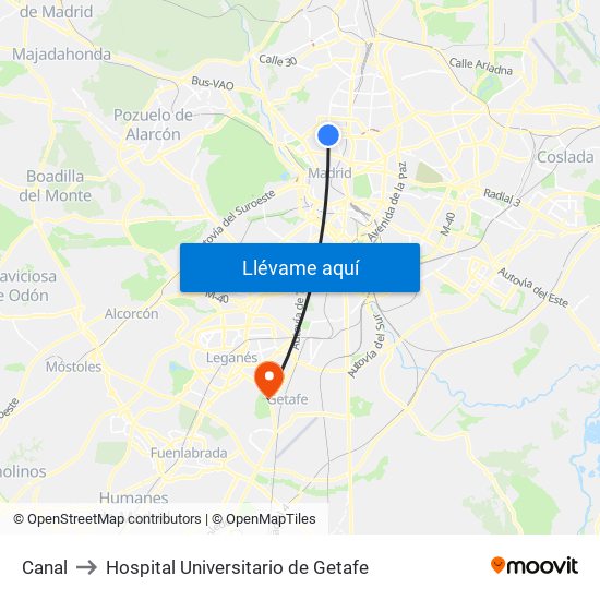 Canal to Hospital Universitario de Getafe map