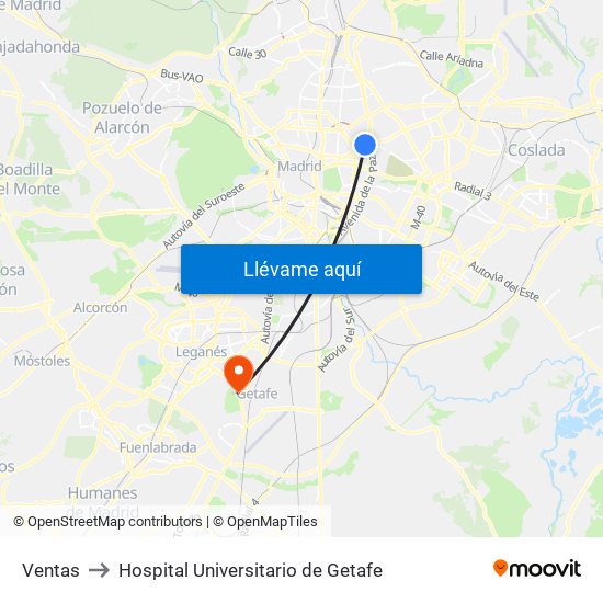Ventas to Hospital Universitario de Getafe map