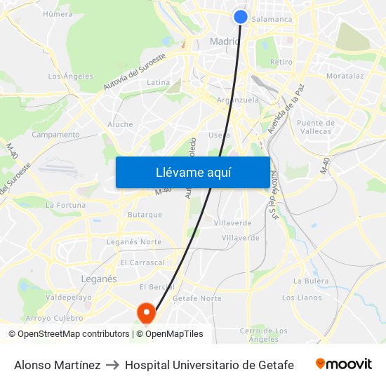 Alonso Martínez to Hospital Universitario de Getafe map