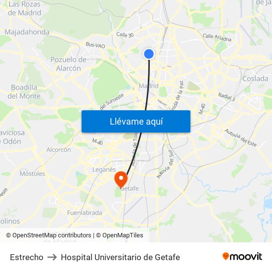 Estrecho to Hospital Universitario de Getafe map