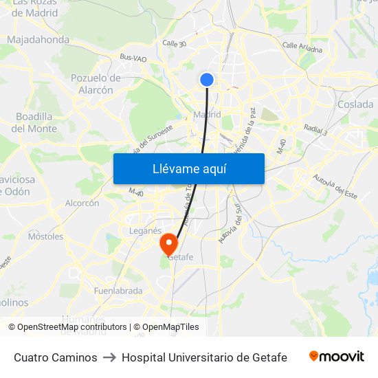 Cuatro Caminos to Hospital Universitario de Getafe map
