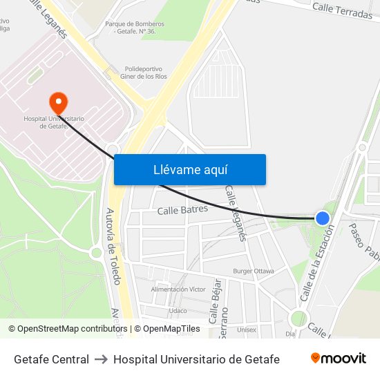 Getafe Central to Hospital Universitario de Getafe map