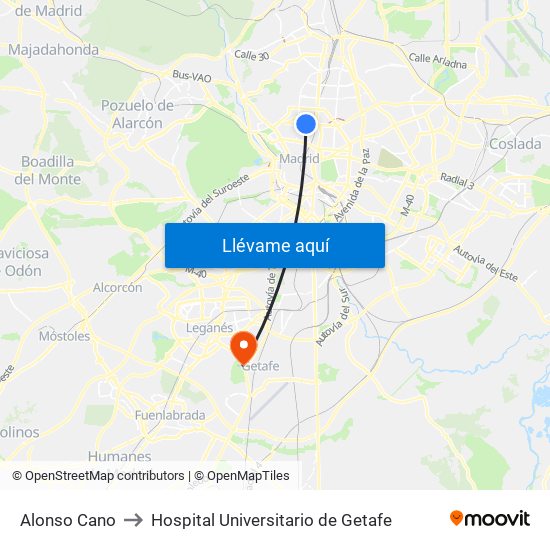 Alonso Cano to Hospital Universitario de Getafe map