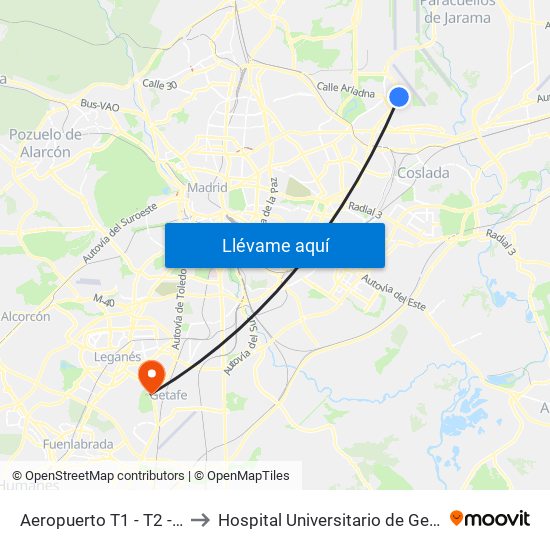 Aeropuerto T1 - T2 - T3 to Hospital Universitario de Getafe map