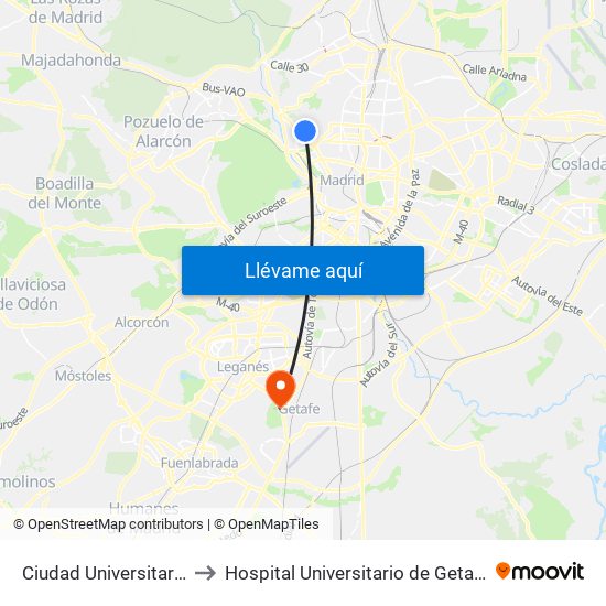 Ciudad Universitaria to Hospital Universitario de Getafe map