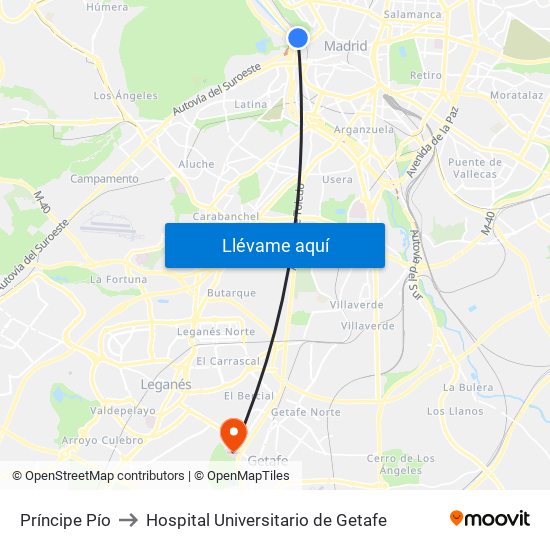 Príncipe Pío to Hospital Universitario de Getafe map