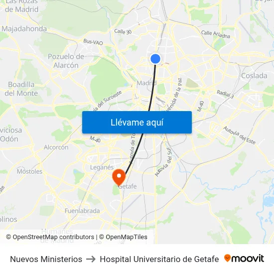 Nuevos Ministerios to Hospital Universitario de Getafe map