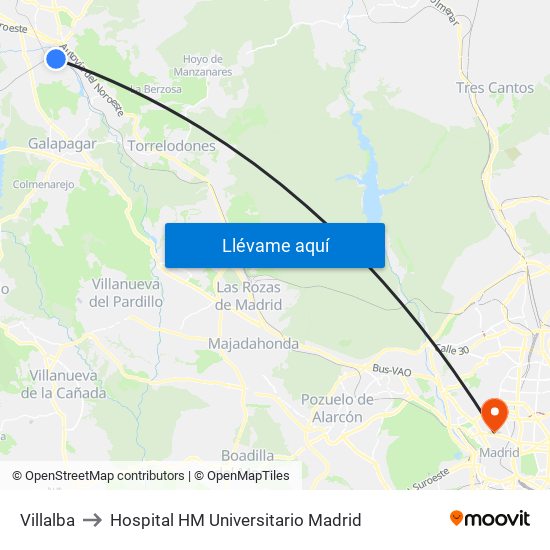 Villalba to Hospital HM Universitario Madrid map